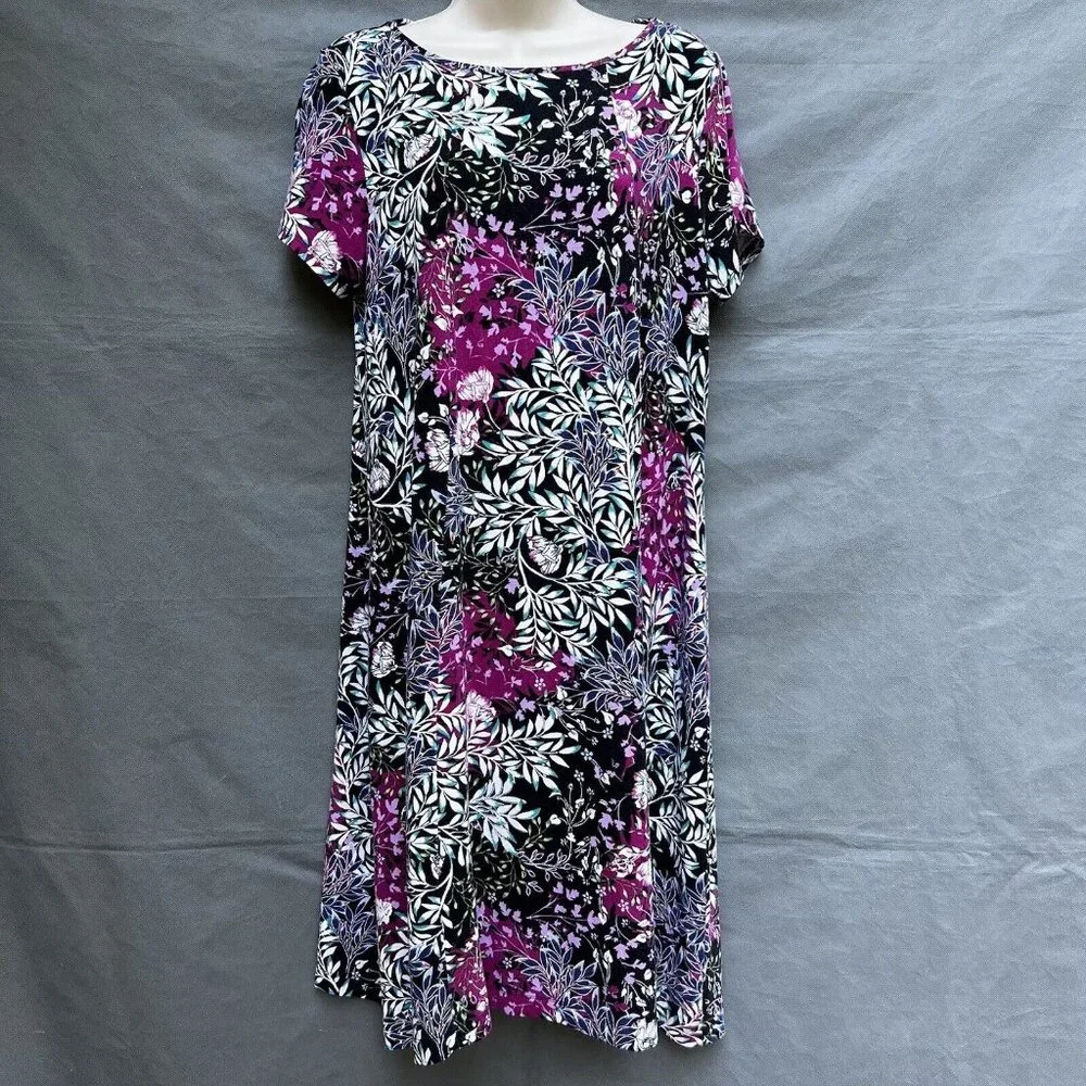 J. Jill Wearever Size S Black Purple Stretchy Floral Comfortable Dress Short